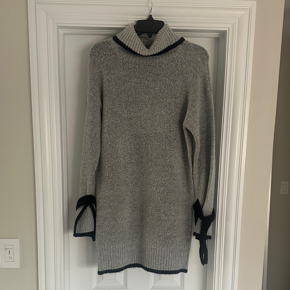 Gray Turtleneck Sweater with Black Trim